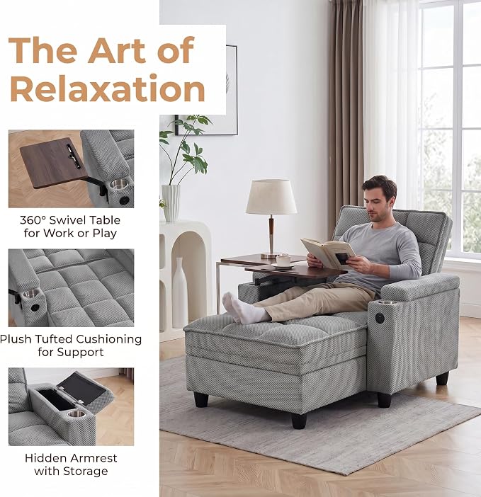 Convertible Sleeper Chair, Pull Out Sofa Bed with Adjustable Backrest & Hidden Storage Armrest, Single Sofa Recliner with USB Charging Port & Cup Holders for Living Room, Bedroom, Gray