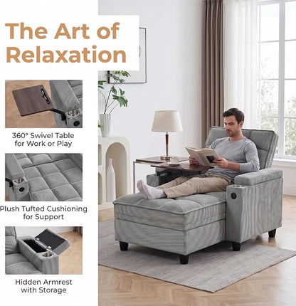 Convertible Sleeper Chair, Pull Out Sofa Bed with Adjustable Backrest & Hidden Storage Armrest, Single Sofa Recliner with USB Charging Port & Cup Holders for Living Room, Bedroom, Gray