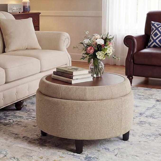COLAMY Round Hidden Storage Ottoman with Reversible Tray Lid – Multi-Functional Footrest, Sturdy & Stylish Fabric Coffee Table for Living Room, Bedroom, or Entryway, Camel