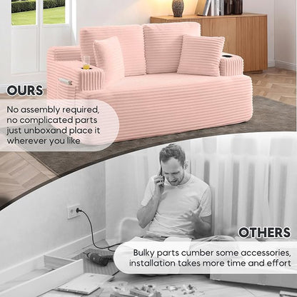 66.5'' Boneless Sofa Couch with Cup Holders & Side Pockets, Modern Corduroy Fabric Upholstered Loveseat Couch with 2 Throw Pillows for Living Room Office, No Assembly (Pink)