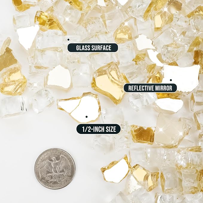 Skyflame High Luster 10-Pound Fire Glass for Fire Pit Fireplace Landscaping, 1/2-Inch Gold Reflective