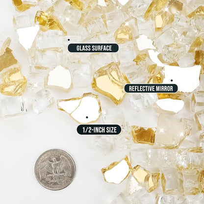 Skyflame High Luster 10-Pound Fire Glass for Fire Pit Fireplace Landscaping, 1/2-Inch Gold Reflective