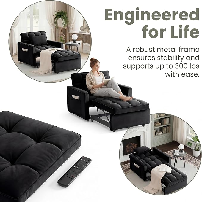 Sleeper Chair, Pull Out Chair Sleeper with Adjustable Back & Pocket, Convertible Chairs Bed Sleepers for Adults, 3 in 1 Sofa Bed Chairs for Small Spaces, Living Room, Black