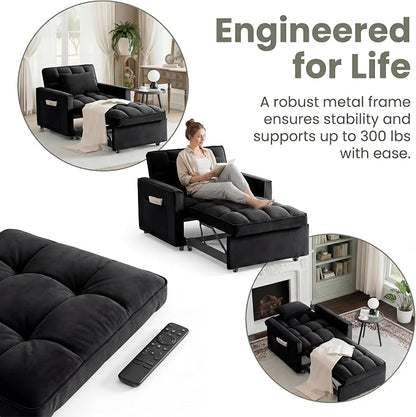Sleeper Chair, Pull Out Chair Sleeper with Adjustable Back & Pocket, Convertible Chairs Bed Sleepers for Adults, 3 in 1 Sofa Bed Chairs for Small Spaces, Living Room, Black
