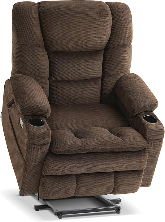 MCombo Big Man Power Lay Flat Lift Chair, Triple Motor Power Lift Recliner with Massage & Dual Heating, Adjustable Headrest, Fabric R7524 (Coffee, Medium-Wide)