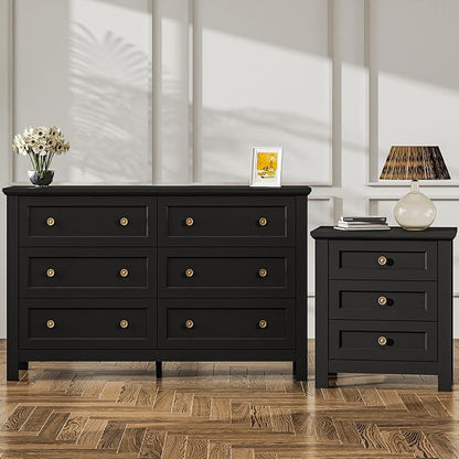 Farmhouse Dresser Nightstand Sets, 2-Piece Bedroom Furniture Set for Home | 6 Drawer Dresser Closet & 3 Drawer Nightstand, Chest of Drawers for Bedroom, Living Room, Entryway, Black