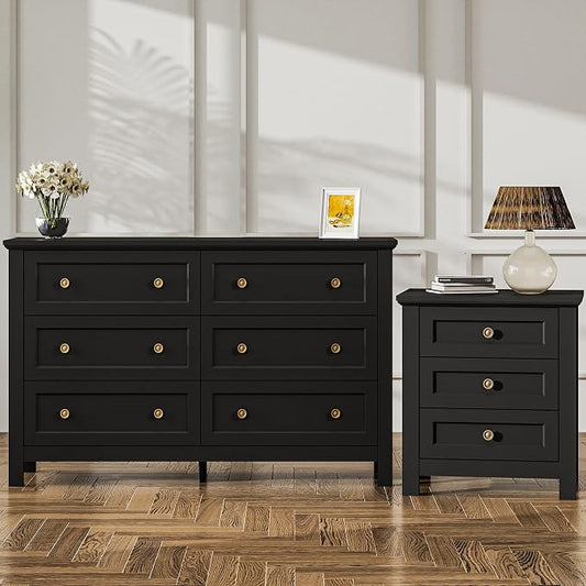 Farmhouse Dresser Nightstand Sets, 2-Piece Bedroom Furniture Set for Home | 6 Drawer Dresser Closet & 3 Drawer Nightstand, Chest of Drawers for Bedroom, Living Room, Entryway, Black