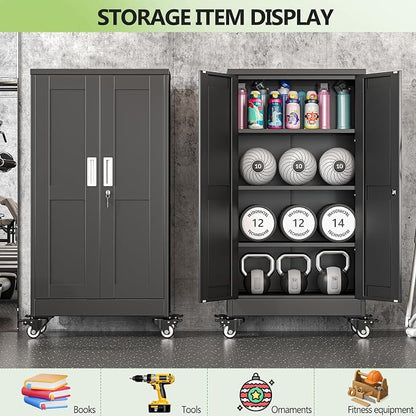 Metal Garage Storage Cabinet, 46”Tall Rolling Utility Cabinet Black | storage system with Wheels, Lock, 3 Adjustable Shelves, Heavy Duty Steel Tool Locker for Home Office, Utility Room, Gym