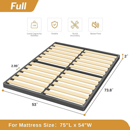 MAF 2 Inch Full Size Box Spring, Low Profile Box Spring with Round Corners, Bunkie Board with Wood Slats Bed Slat Replacement 3500 lbs Black Heavy Duty Metal Mattress Foundation, Easy Assembly