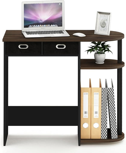 Furinno GO GREEN Desk, 31.5" Wide Gaming Desk with 2 Side Shelves and Storage Bins, Computer Desk, Office Desk for Home Office, Study Room, Dorm, Bedroom, Columbia Walnut