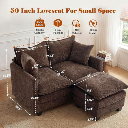 50'' L-Shape Loveseat Sofa with 22" Ottoman, 2 Seat Modern Cloud Couch with 2 Washable Pillows for Small Space Apartment Office Living Room Bedroom, Brown