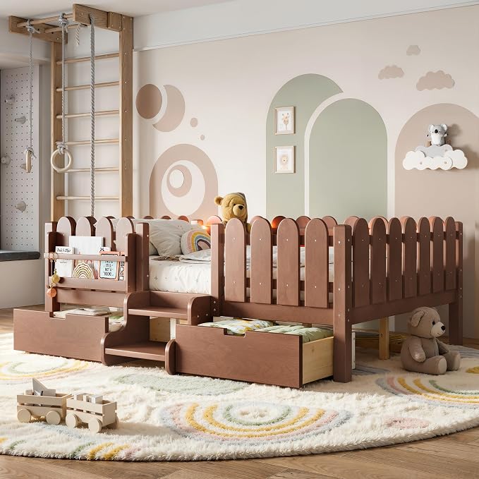 Bellemave Full Kids Montessori Bed with Stairs, Bookshelf and LED Lights, Solid Wood Kids Bed Frame with Storage Drawers for Boys Girls, Low Profile,Deep Natural