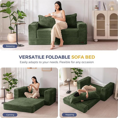 MAXYOYO Convertible Sofa Bed, 2 in 1 Folding Couch Bed for Small Space, Pull Out Loveseat Sofa Couch with Large Back Pillow, Plush Fabric Lounge Couch for Living Room, Apartment, Dark Green
