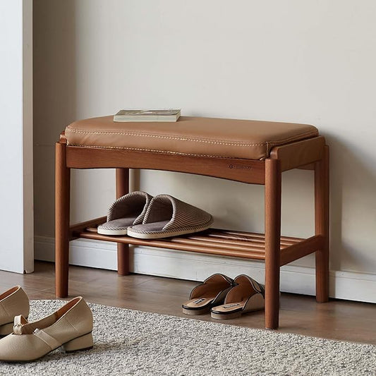 Solid Wood Shoe Bench (Assembled), 600lb Weight Capacity, Durable Cloud-Soft Leather Upholstered Entryway Bench for Entryway, Hallway, Living Room, Bedroom,11.8"x23.6"x16.5", Walnut