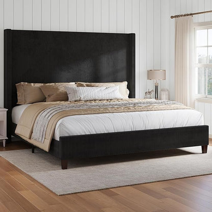 HOWE Queen Bed Frame with 61.4" Extra Tall Headboard, Corduroy Upholstered Bed with Vertical Wingback Headboard, No Box Spring Needed/Noise Free/Solid Wood Slats & Legs/Black