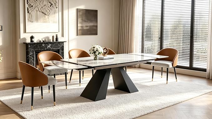 Marble Expandable Table 63 to 94.5 Inch Expansion Sintered Stone Table for 6-10 People, Scratch Resistant Heat Resistant Easy Clean, Kitchen Living Room Folding Dining Table