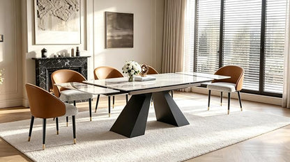 Marble Expandable Table 63 to 94.5 Inch Expansion Sintered Stone Table for 6-10 People, Scratch Resistant Heat Resistant Easy Clean, Kitchen Living Room Folding Dining Table