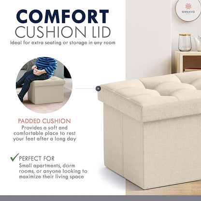 Ornavo Home Small Storage Ottoman Foldable Collapsible Rectangle Linen Ottoman Foot Rest Stool Seat, for Living Room, Bedroom, Home Office, Dorm - 12 x 16 x 12, Beige