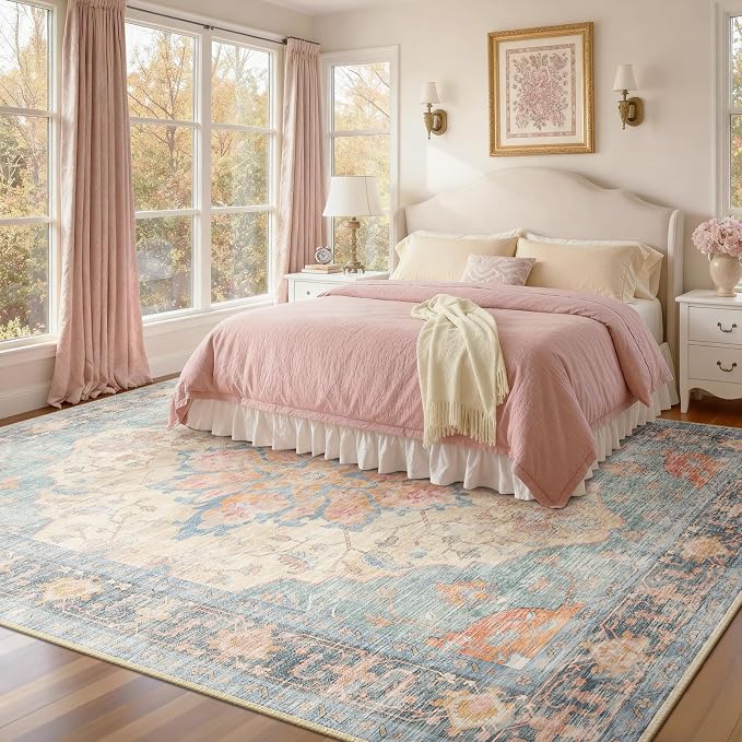 RELEANY Area Rugs 7'x9' Washable Non-Slip, Floral Vintage Distress Medallion Carpet for Living Room Bedroom Dining Room, Blue Orange Red