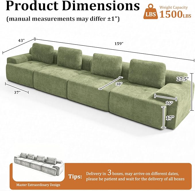 159" Oversized Boneless Couch, Comfort Cloud Sectional Couches for Living Room, Modular Sofa High Back & Extra Deep Seat, No Assembly, Soft Chenille Fabric (Olive Green, 159 inch-（4+0）)