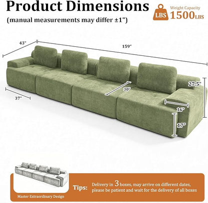 159" Oversized Boneless Couch, Comfort Cloud Sectional Couches for Living Room, Modular Sofa High Back & Extra Deep Seat, No Assembly, Soft Chenille Fabric (Olive Green, 159 inch-（4+0）)