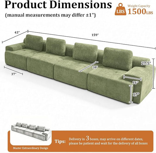 159" Oversized Boneless Couch, Comfort Cloud Sectional Couches for Living Room, Modular Sofa High Back & Extra Deep Seat, No Assembly, Soft Chenille Fabric (Olive Green, 159 inch-（4+0）)
