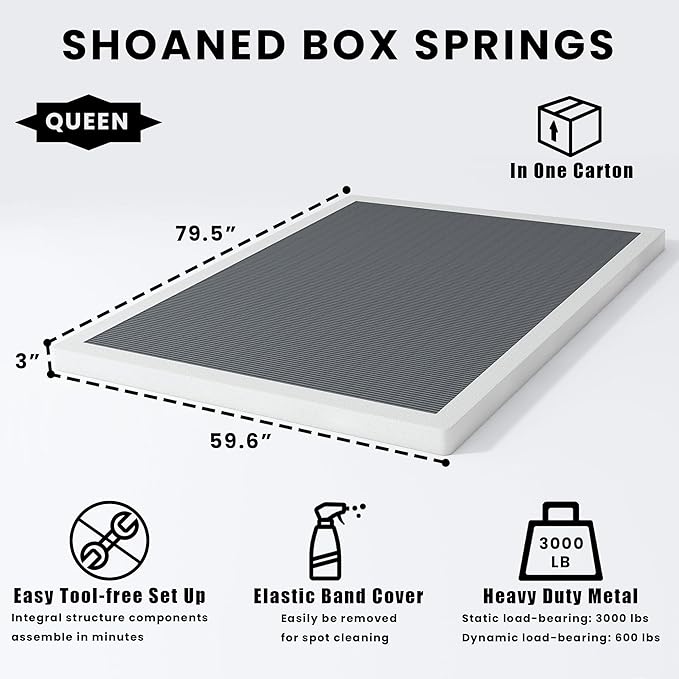 SHOANED Queen Size Box Springs - 3 Inch Low Profile Mattress Foundation No Noise Heavy Duty Metal Basics Bed Base with Clean Fabric Cover, Easy Assembly