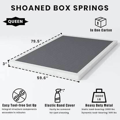 SHOANED Queen Size Box Springs - 3 Inch Low Profile Mattress Foundation No Noise Heavy Duty Metal Basics Bed Base with Clean Fabric Cover, Easy Assembly