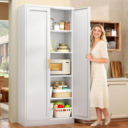 71” Tall Kitchen Pantry Cabinet, Metal Storage Cabinet with 2 Doors and 4 Adjustable Shelves for Kitchen, Living Room, Laundry Room