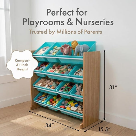 Humble Crew Toy Storage Organizer with 12 Removable Storage Bins for Kids Playroom, 4-Tier Toddler Toy Organization, Natural Wood/Aqua