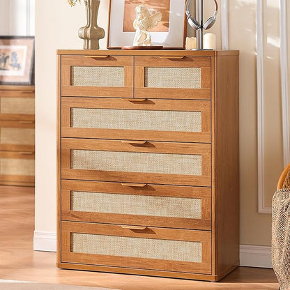 LEYAOYAO Rattan Dresser for Bedroom Set of 2, 41" Tall Chest of Drawers, Modern 6 Drawers Boho Dressers with Storage, Vintage Brown Dresser Wooden Closet Organizer for Living Room, Hallway