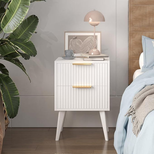 YAUKOMEL Fluted Nightstand with 2 Drawers,Modern Bedside Table with Metal Handles,Side Table with Solid Wood Legs,End Table for Living Room,Bedroom,Small Spcae 11.8" D x 15.7" W x 22.8" H White CTG55W