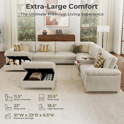 SITJOY Large Cloud Couch, 138" Wide 6 Seater V Shaped with Console, White | Pet-Friendly Scratch-Resistant Leather Sectional Sofas for Living Room, Deep Seat Wide Couch with Chaise, Storage Ottoman