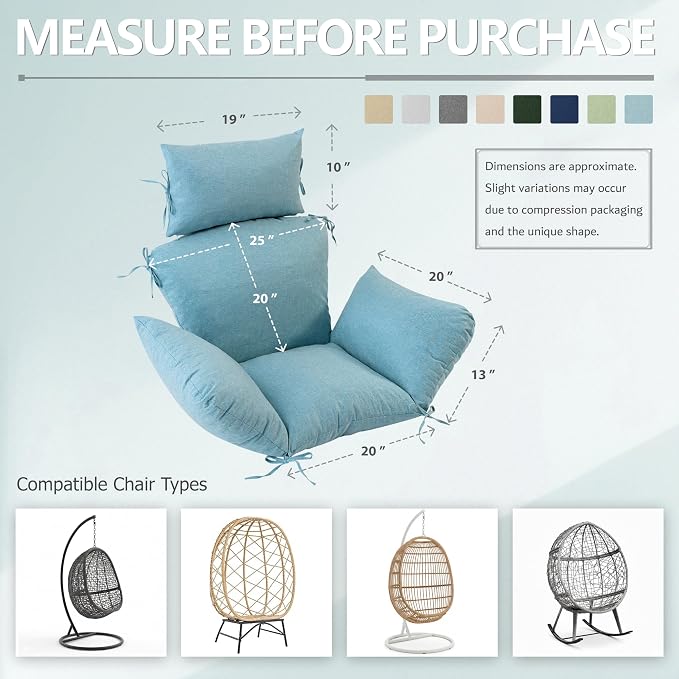 Egg Chair Cushion with 8 Securing Straps, Water-Repellent & Fade-Resistant Faux Linen, Removable Cover, Replacement Cushion for Most Single Outdoor Hanging Swing Egg Chairs – Teal