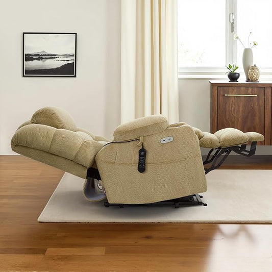 MCombo Big Man Power Lay Flat Lift Chair, Triple Motor Power Lift Recliner with Massage & Dual Heating, Adjustable Headrest, Fabric R7635 (Beige, Large-Wide)