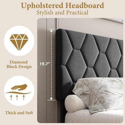 GarveeHome Queen Bed Frame with Upholstered Headboard, Heavy-Duty Platform Bed Frame with Strong Wood Slats, No Box Spring Needed/Noise Free/Easy Assembly, Gray