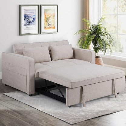 HAOMARKETS 3 in 1 Convertible Sleeper Sofa Bed, Loveseat Chaise Lounge with Pullout Bed, 2-Seater Futon Couches with Storage Pockets, 3-Level Adjustable Backrest and Pillows for Living Room, White