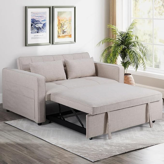 HAOMARKETS 3 in 1 Convertible Sleeper Sofa Bed, Loveseat Chaise Lounge with Pullout Bed, 2-Seater Futon Couches with Storage Pockets, 3-Level Adjustable Backrest and Pillows for Living Room, White
