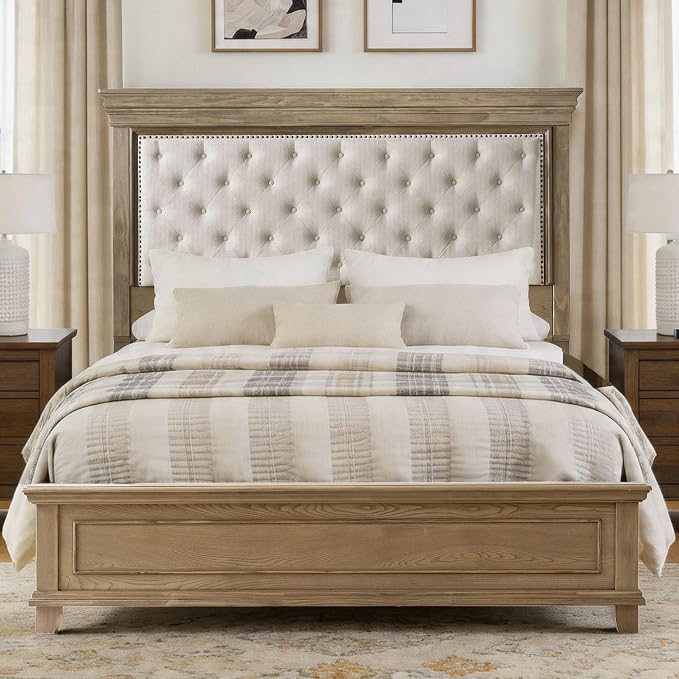 AMERLIFE King Size Solid Wood Bed Frame, Greige | Upholstered, Platform Bed