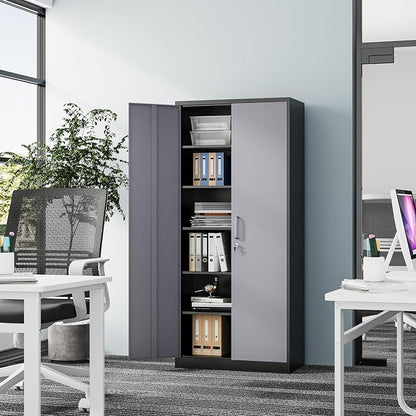 Fesbos Metal Storage Cabinet-72” Tall Steel File Cabinets with Lockable Doors and 5 Adjustable Shelves-Black&Gray Steel Storage Cabinet for Home, School, Office, Garage