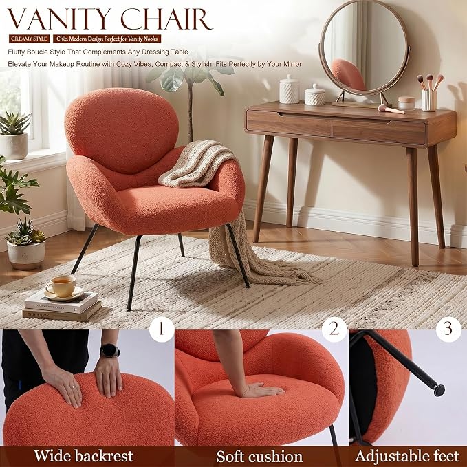 Accent Chair, Cloud Accent Chair for Bedroom, Boucle Fabric(Orange) | Comfy Bedroom Chair with Love Back and Sturdy And Durable Solid-Wood Frame/ Study Room / Bedroom / Living Room /(Cream Style)