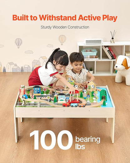 VEVOR Train Table, 84 Multicolor Pieces Wooden Kids Activity Table with Collapsible Storage Bin, 3-in-1 Wooden Train Set for Gaming, Drawing, Reading, Eating, Creative Toy Set for Kids Ages 3+