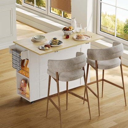 IRONCK Rolling Kitchen Island Table on Wheels with Drop Leaf, Storage Cabinet and Drawer, 52 in Kitchen Cart with Spice and Towel Rack for Kitchen, White