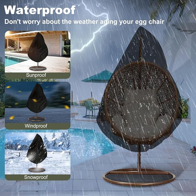 Egg Chair Cover Waterproof, 75x45 Inch Outdoor Hanging Egg Swing Chair Cover, Heavy Duty 420D Oxford Fabric, UV Resistant Windproof with Zipper & Drawstring, Fits Single Seat Egg Chair (Black)