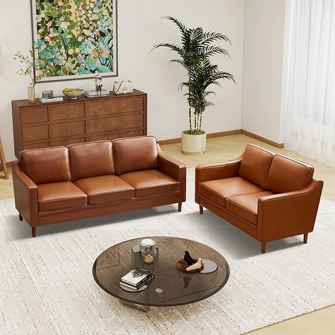 Kingfun Couch Sets for Living Room, 3 Seater Couch and Loveseat, Mid Century Modern Sofa Set, Faux Leather Couch with Solid Wood Frame for Bedroom
