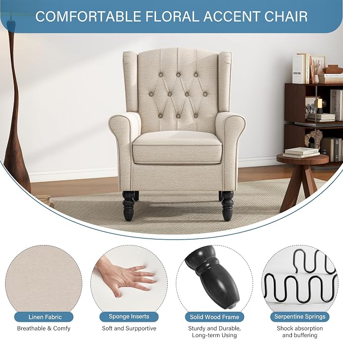 High Back Accent Chair, Fabric Upholstered Armchair Wingback Chair for Living Room, Comfy Bedroom Reading Seat with Solid Wood Legs, Beige