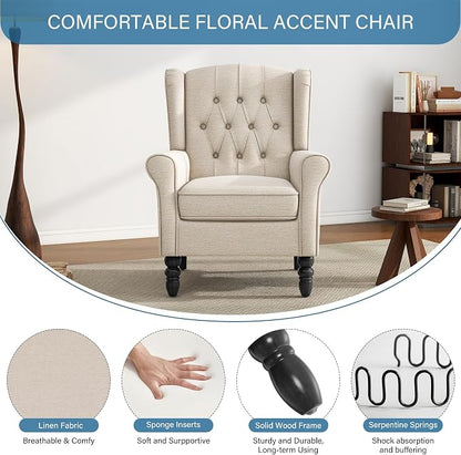 High Back Accent Chair, Fabric Upholstered Armchair Wingback Chair for Living Room, Comfy Bedroom Reading Seat with Solid Wood Legs, Beige