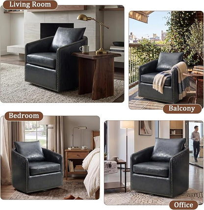 HAOMARKETS 360 Degree Swivel Barrel Chair with Plump Back Pillow, Waterproof Oil Waxed PU Leather Swivel Armchair with Rivets, Comfy Vintage Round Accent Chair for Living Room