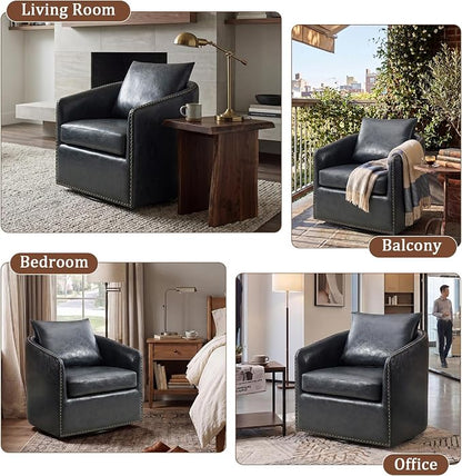 HAOMARKETS 360 Degree Swivel Accent Chair Set of 4 with Plump Back Pillow, Waterproof Oil Waxed PU Leather Swivel Armchair with Rivets, Comfy Vintage Round Barrel Chair for Living Room