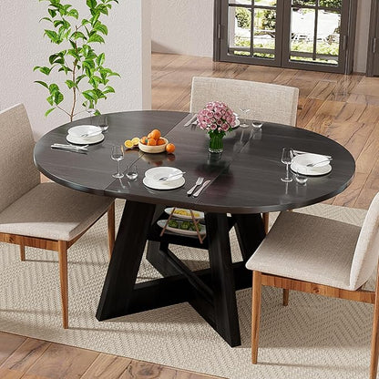 43.3in-59in Extendable Dining Table for 4-6, Round Kitchen Dining Room Table with Removable Leaves Space Saving, Space Saving, Wooden Cross Base with Storage Shelf for Kitchen Living Room (Black)